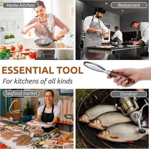 Dugato Fish Scale Remover Tool with Wooden Handle – Stainless Steel Fish Scaler Scraper for Quick & Easy Fish Cleaning – Rustproof Serrated Edge Seafood Descaling Tool for Kitchen & Outdoor Use in Kuwait