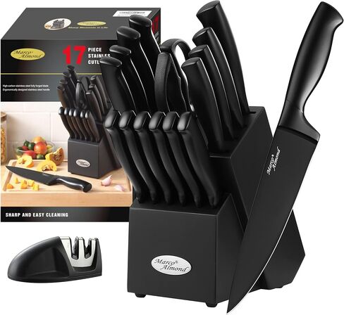 Marco Almond® Gold Knife Set, Knife Block Set MA21,Titanium Coated 14 Pieces Stainless Steel Chef Gold Kitchen Knife Sets with White Block in Saudi Arabia