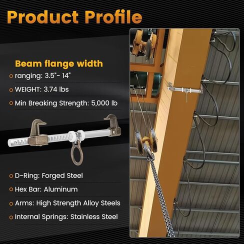 مرساة شعاع منزلق من الألومنيوم، قابلة للتعديل لتناسب مرساة شعاع الحماية من السقوط I أو H مع عرض شفة يتراوح من 3.5 بوصة إلى 14 بوصة، تلبي أو تتجاوز ANSI & OSHA in Kuwait