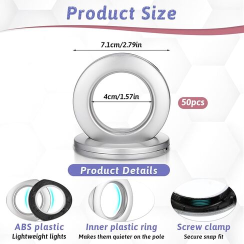 50 Packs Curtain Grommets 1-9/16 "(40mm) Inner Diameter Plastic Curtain Ring Eyelets Low Noise Grommets for Living Room Bathroom Window Curtains, Matte Silver in Saudi Arabia