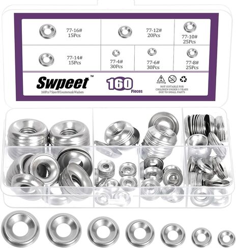 Swpeet 160Pcs 7 Sizes #4#6#8#10#12#14#16 Silver 304 Stainless Steel Countersunk Finish Washers Assortment Kit, Cup Washer Gasket, Finish Cup Washer for Screws Bolts Construction in Saudi Arabia