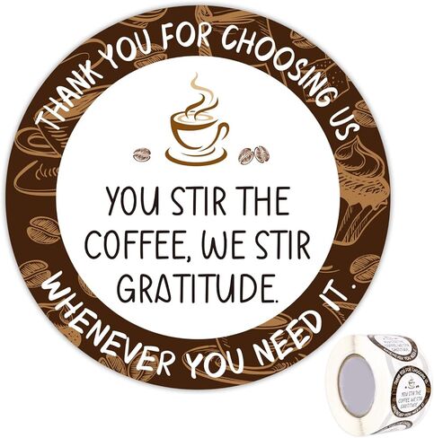 Coffee Thank You Stickers Roll, Exquisite Coated Paper Cafe Thank You Stickers Creative Original Art Design Labels for Coffee Shop Cup & Bag Decoration in Saudi Arabia