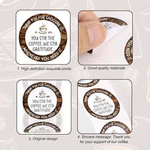 Coffee Thank You Stickers Roll, Exquisite Coated Paper Cafe Thank You Stickers Creative Original Art Design Labels for Coffee Shop Cup & Bag Decoration in Saudi Arabia
