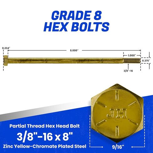 Fastenere 3/8"-16 x 8 مسامير سداسية من الفولاذ المطلي بالكروم الأصفر والزنك من الدرجة 8، مسامير سداسية متينة ملولبة جزئيًا للآلات والبناء، مقاومة للصدأ، مثبتات شديدة التحمل، عبوة من 1 in Saudi Arabia