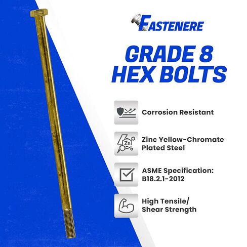 Fastenere 3/8"-16 x 8 مسامير سداسية من الفولاذ المطلي بالكروم الأصفر والزنك من الدرجة 8، مسامير سداسية متينة ملولبة جزئيًا للآلات والبناء، مقاومة للصدأ، مثبتات شديدة التحمل، عبوة من 1 in Saudi Arabia