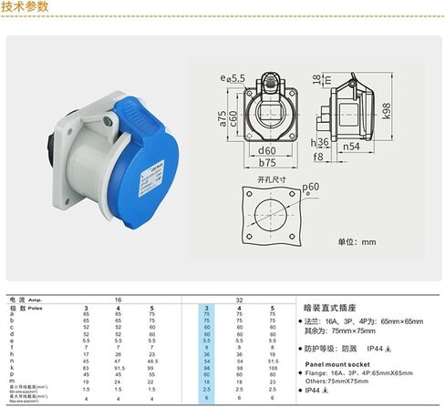 Industrial socket connector TYPR5801 (32A 3 core) straight seat in Kuwait