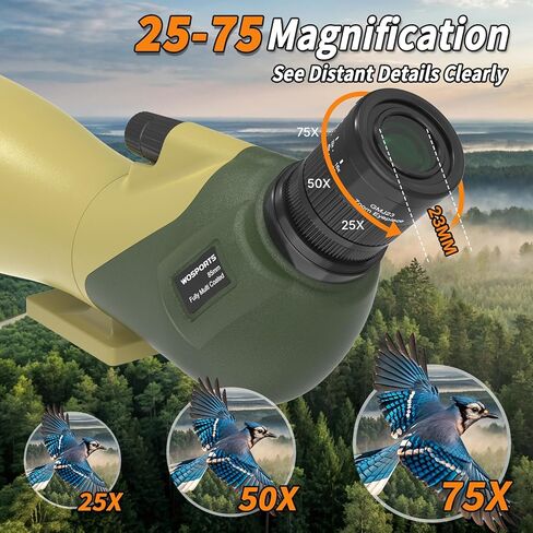 WOSPORTS 25-75x85 Spotting Scopes with Tripod, Carrying Bag, Phone Adapter, HD BAK4 Porro Prism, Waterproof Spotter Scope for Hunting, Target Shooting, Bird Watching, Wildlife Viewing, Dark Green in Kuwait