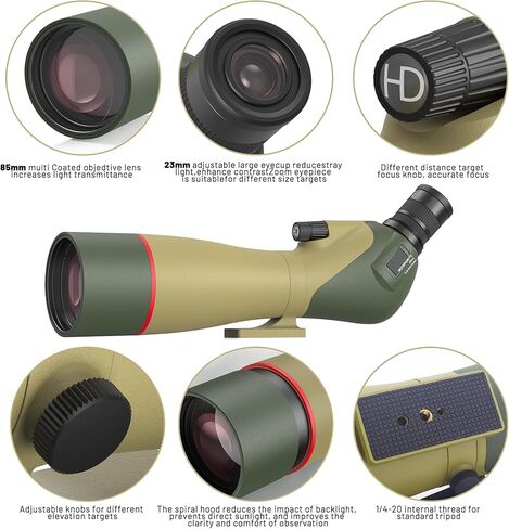 WOSPORTS 25-75x85 Spotting Scopes with Tripod, Carrying Bag, Phone Adapter, HD BAK4 Porro Prism, Waterproof Spotter Scope for Hunting, Target Shooting, Bird Watching, Wildlife Viewing, Dark Green in Kuwait