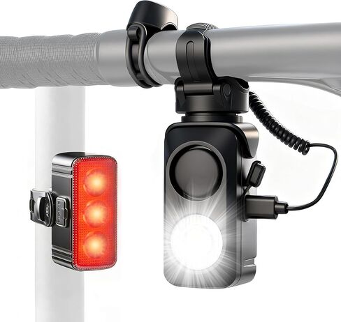 مجموعة مصابيح الدراجة DRCKHROS مع قرن بصوت عالٍ 130 ديسيبل - مصباح أمامي وخلفي للدراجة قابل لإعادة الشحن USB-C، مقاوم للماء IPX5 | يناسب الدراجات الجبلية/الطرق/الدراجات الكهربائية والدراجات البخارية للبالغين والأطفال in Kuwait