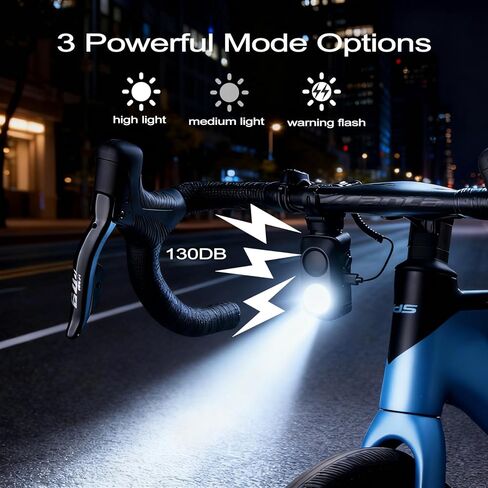 مجموعة مصابيح الدراجة DRCKHROS مع قرن بصوت عالٍ 130 ديسيبل - مصباح أمامي وخلفي للدراجة قابل لإعادة الشحن USB-C، مقاوم للماء IPX5 | يناسب الدراجات الجبلية/الطرق/الدراجات الكهربائية والدراجات البخارية للبالغين والأطفال in Kuwait