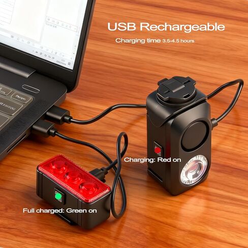 مجموعة مصابيح الدراجة DRCKHROS مع قرن بصوت عالٍ 130 ديسيبل - مصباح أمامي وخلفي للدراجة قابل لإعادة الشحن USB-C، مقاوم للماء IPX5 | يناسب الدراجات الجبلية/الطرق/الدراجات الكهربائية والدراجات البخارية للبالغين والأطفال in Kuwait