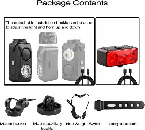 مجموعة مصابيح الدراجة DRCKHROS مع قرن بصوت عالٍ 130 ديسيبل - مصباح أمامي وخلفي للدراجة قابل لإعادة الشحن USB-C، مقاوم للماء IPX5 | يناسب الدراجات الجبلية/الطرق/الدراجات الكهربائية والدراجات البخارية للبالغين والأطفال in Kuwait
