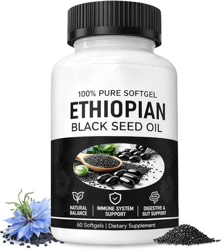 زيت الحبة السوداء الإثيوبية، كبسولات زيت الحبة السوداء الإثيوبية 4.64% ثيموكينون، دعم المناعة والهضم وتعزيز الطاقة، غير معدل وراثيًا، خالي من الغلوتين (60 قطعة) in Kuwait