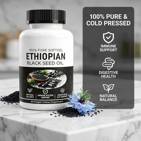 زيت الحبة السوداء الإثيوبية، كبسولات زيت الحبة السوداء الإثيوبية 4.64% ثيموكينون، دعم المناعة والهضم وتعزيز الطاقة، غير معدل وراثيًا، خالي من الغلوتين (60 قطعة) in Kuwait