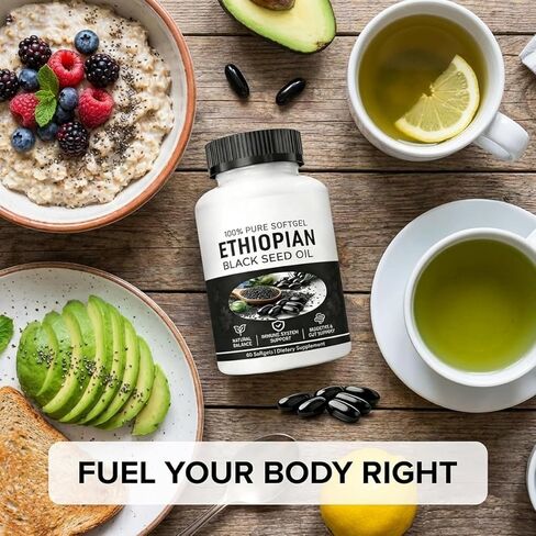 زيت الحبة السوداء الإثيوبية، كبسولات زيت الحبة السوداء الإثيوبية 4.64% ثيموكينون، دعم المناعة والهضم وتعزيز الطاقة، غير معدل وراثيًا، خالي من الغلوتين (60 قطعة) in Kuwait