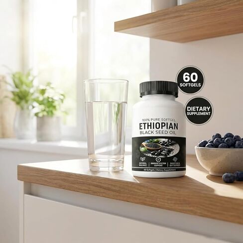 زيت الحبة السوداء الإثيوبية، كبسولات زيت الحبة السوداء الإثيوبية 4.64% ثيموكينون، دعم المناعة والهضم وتعزيز الطاقة، غير معدل وراثيًا، خالي من الغلوتين (60 قطعة) in Kuwait