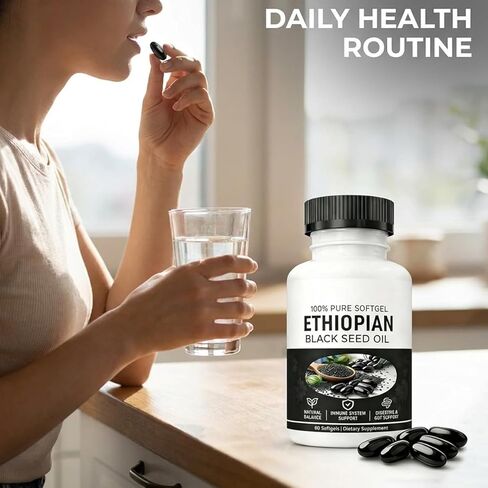 زيت الحبة السوداء الإثيوبية، كبسولات زيت الحبة السوداء الإثيوبية 4.64% ثيموكينون، دعم المناعة والهضم وتعزيز الطاقة، غير معدل وراثيًا، خالي من الغلوتين (60 قطعة) in Kuwait