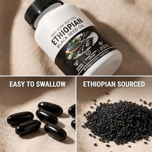 زيت الحبة السوداء الإثيوبية، كبسولات زيت الحبة السوداء الإثيوبية 4.64% ثيموكينون، دعم المناعة والهضم وتعزيز الطاقة، غير معدل وراثيًا، خالي من الغلوتين (60 قطعة) in Kuwait