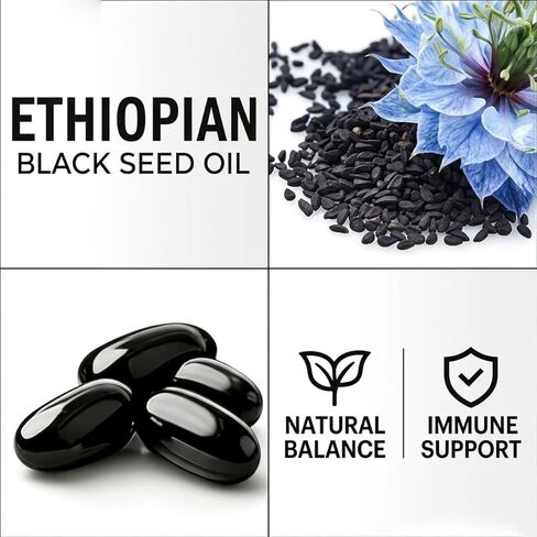 زيت الحبة السوداء الإثيوبية، كبسولات زيت الحبة السوداء الإثيوبية 4.64% ثيموكينون، دعم المناعة والهضم وتعزيز الطاقة، غير معدل وراثيًا، خالي من الغلوتين (60 قطعة) in Kuwait