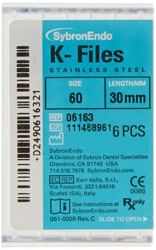 6163 Endo Hand K-File, 0.02 mm Taper, 30 mm Length, Stainless Steel, #60 Tip Size, Blue (Pack of 6) in Saudi Arabia