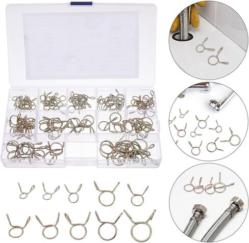 BESTYASH 120pcs Color Zinc-plated Spring Hose Clamps Set, Transmission Hose Fixing Clamps for Water Pipe Tubing, Metal Tube Clips Kit for Automotive and Industrial Use in Kuwait
