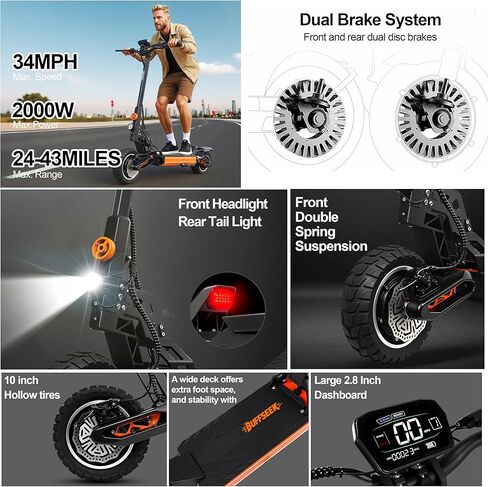 Electric Scooter,1600W Dual Motor,Up to 37MPH Folding E Scooter, 10'' Tires,3 Speed Modes,Dual Brakes,Dual Suspension Fast E-Scooter for Campus Passage Urban Travel for Adults and Teens,UL Certified in Saudi Arabia