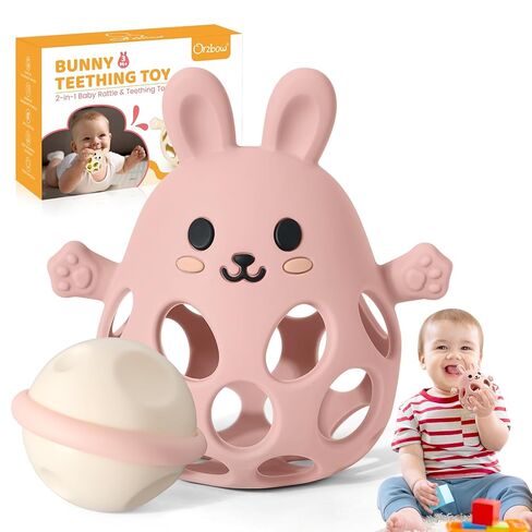 Orzbow Baby Teething Toys 3-6 Months, 2 in 1 Rattle & Hand Teethers for Teething Relief, Easy Grasp Teething Mittens for Babies 0-12 Months,Food Grade Silicone, Newborn Infant Toddler Gift, Pink in Kuwait
