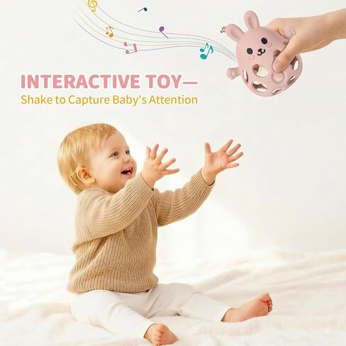 Orzbow Baby Teething Toys 3-6 Months, 2 in 1 Rattle & Hand Teethers for Teething Relief, Easy Grasp Teething Mittens for Babies 0-12 Months,Food Grade Silicone, Newborn Infant Toddler Gift, Pink in Kuwait