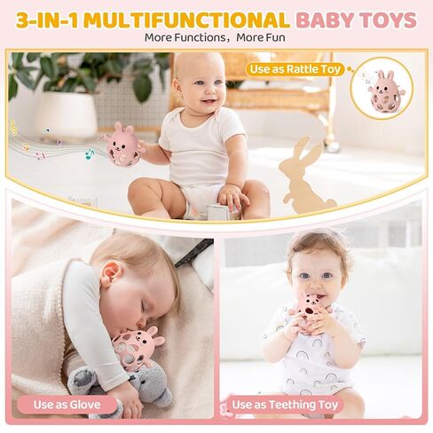 Orzbow Baby Teething Toys 3-6 Months, 2 in 1 Rattle & Hand Teethers for Teething Relief, Easy Grasp Teething Mittens for Babies 0-12 Months,Food Grade Silicone, Newborn Infant Toddler Gift, Pink in Kuwait