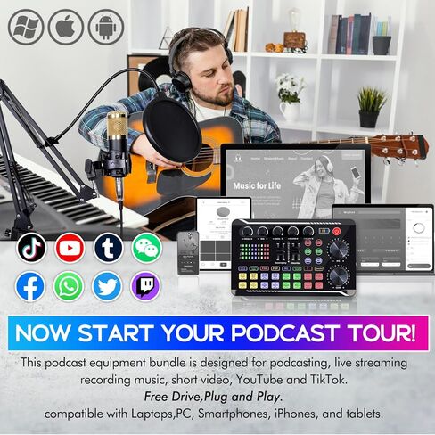 Podcast Equipment, Podcast Equipment Bundle with BM-800 Microphone & F998 Sound Card, Professional Voice-Over Equipment for Podcasting, Singing, Gaming, and Live Streaming YouTube Tiktok in Saudi Arabia
