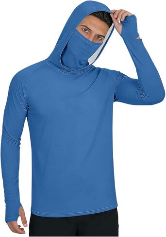 UPF 50 Long Sleeve Men UV Protection Hooded Sun Protection Quick Dry Rash Guard with Thumb Holes Fishing Clothes in Kuwait