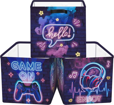 11.8" Gaming Kid Storage Cube Organizer Set 3 Pcs Video Game Closet Clothes Cube Storage Bin Nursery Toddler Teen Toy Box Chest Boys Book Shelf Basket,Purple in Kuwait