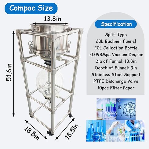20L Split-Type Vacuum Filtration System, Vacuum Suction Filter, 304 Stainless Steel Buchner Funnel, Borosilicate Glass Flask, -0.098MPa Filtration Apparatus for Lab Solid - Liquid Separation in Kuwait