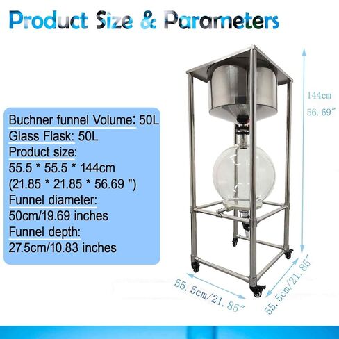 نظام مرشح قمع بوخنر سعة 50 لتر، فلتر فراغ 0.098 ميجا باسكال مع صمام تفريغ، دورق زجاجي وإطار من الفولاذ المقاوم للصدأ، لاستخراج السائل السائل في المختبر، تفاعل درجة حرارة الغرفة in Kuwait