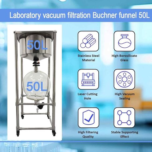 نظام مرشح قمع بوخنر سعة 50 لتر، فلتر فراغ 0.098 ميجا باسكال مع صمام تفريغ، دورق زجاجي وإطار من الفولاذ المقاوم للصدأ، لاستخراج السائل السائل في المختبر، تفاعل درجة حرارة الغرفة in Kuwait