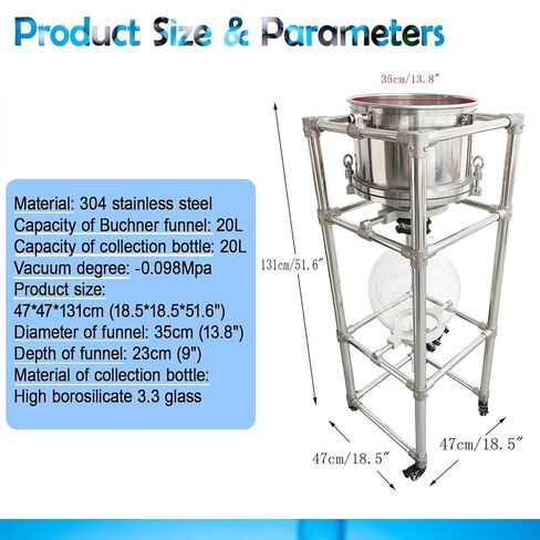 نظام تصفية قمع Buchner سعة 20 لترًا، -0.098 ميجا باسكال، فلتر شفط من الفولاذ المقاوم للصدأ مع صمام تفريغ، ودورق زجاجي وإطار من الفولاذ المقاوم للصدأ، لفصل المواد الصلبة والسائلة in Kuwait