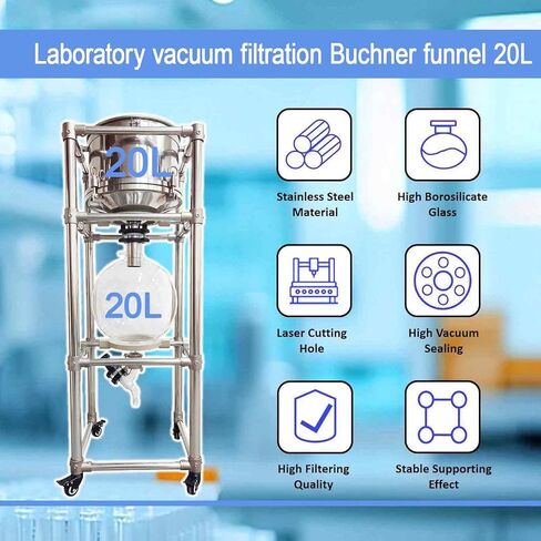 نظام تصفية قمع Buchner سعة 20 لترًا، -0.098 ميجا باسكال، فلتر شفط من الفولاذ المقاوم للصدأ مع صمام تفريغ، ودورق زجاجي وإطار من الفولاذ المقاوم للصدأ، لفصل المواد الصلبة والسائلة in Kuwait