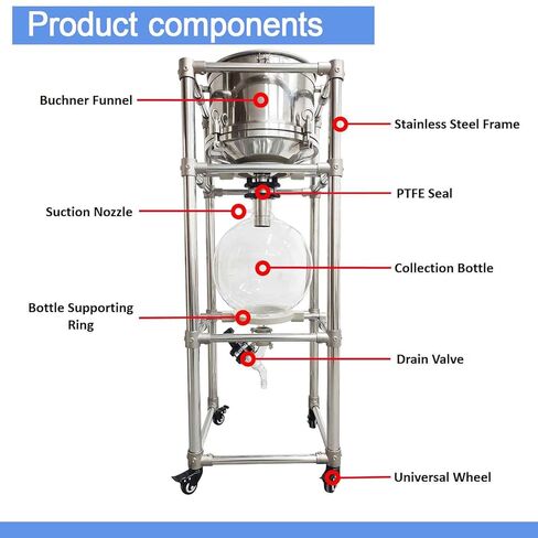 نظام تصفية قمع Buchner سعة 20 لترًا، -0.098 ميجا باسكال، فلتر شفط من الفولاذ المقاوم للصدأ مع صمام تفريغ، ودورق زجاجي وإطار من الفولاذ المقاوم للصدأ، لفصل المواد الصلبة والسائلة in Kuwait