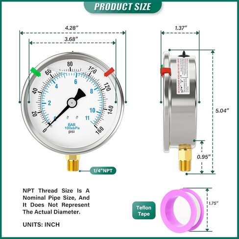 مقياس ضغط مملوء بالسائل من الفولاذ المقاوم للصدأ 0-160 رطل لكل بوصة مربعة، مقاس قرص 4 بوصة، حامل سفلي 1/4 بوصة NPT، للأنبوب، مضخة المياه، الغاز، السائل، اختبار الضغط (مع مؤشر علامة النطاق) in Kuwait