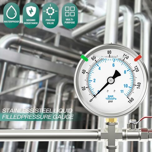 مقياس ضغط مملوء بالسائل من الفولاذ المقاوم للصدأ 0-160 رطل لكل بوصة مربعة، مقاس قرص 4 بوصة، حامل سفلي 1/4 بوصة NPT، للأنبوب، مضخة المياه، الغاز، السائل، اختبار الضغط (مع مؤشر علامة النطاق) in Kuwait