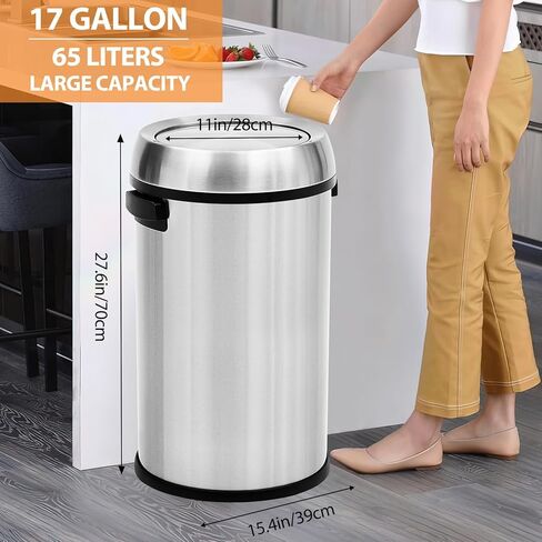 17 Gallon Fingerprint-Proof Stainless Steel Trash Can, Heavy Duty Commercial Round Garbage Bin with Swing Lid for Restaurant, Home, Office, Silver in Kuwait