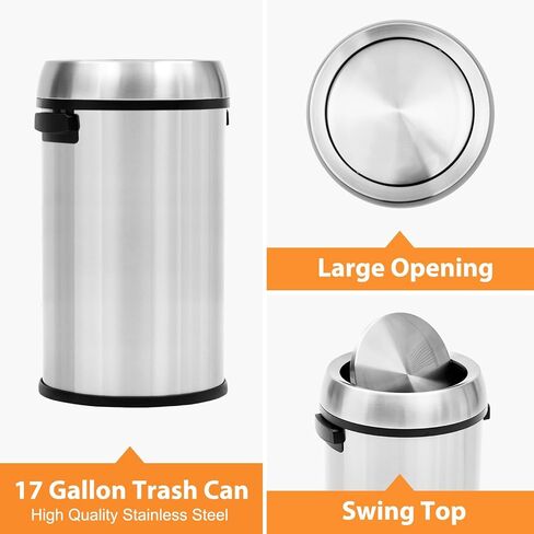 17 Gallon Fingerprint-Proof Stainless Steel Trash Can, Heavy Duty Commercial Round Garbage Bin with Swing Lid for Restaurant, Home, Office, Silver in Kuwait
