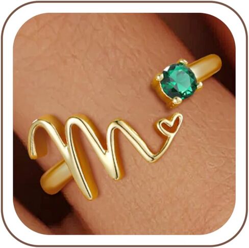 Gold Rings for Women Girls - Non Tarnish Real Gold Plated Initial Ring Adjustable Initial Birthstone Rings for Women Stackable Thumb Pinky Emerald Ring Birthday Bridesmaid Gifts for Women Girls in Kuwait