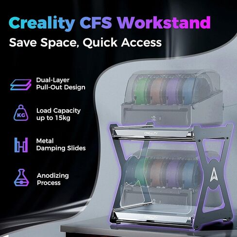 حامل عمل CFS الرسمي من Creality، أرفف قابلة للسحب مزدوجة الطبقة موفرة للمساحة، سعة 15 كجم لكل طبقة مع شرائح تخميد معدنية، دعامة عملية أنودة سريعة الوصول لمجفف الشعيرات وتخزين CFS in Saudi Arabia
