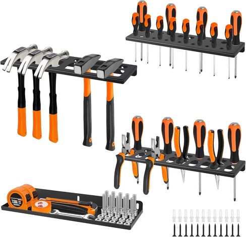 رفوف تخزين الأدوات اليدوية المثبتة على الحائط، منظم مفك البراغي، حامل الكماشات، رف المطرقة، رف تخزين معدني، منظم الأدوات اليدوية للمرآب، ورشة العمل، السقيفة، مجموعة من 4 قطع in Kuwait