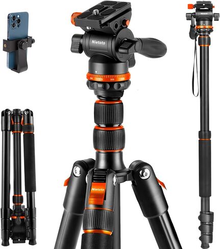 حامل ثلاثي للكاميرا برأس سائل مقاس 68 بوصة، حامل ثلاثي احترافي لفيديو السفر للكاميرا DSLR وكاميرات الفيديو والمناظير ومنظار البقع والتلسكوب ولوحة QR إضافية وحامل الهاتف المحمول، أقصى تحميل 8.8 رطل، برتقالي in Kuwait
