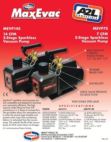 مضخة تفريغ UNIWELD MEVP14S MaxEvac، متوافقة مع A2L، 14.4 قدم مكعب في الدقيقة، 1.5 حصان مرحلتين، 115 فولت/60 هرتز: 14.4 قدم مكعب في الدقيقة، 120 فولت-تيار متردد in Saudi Arabia