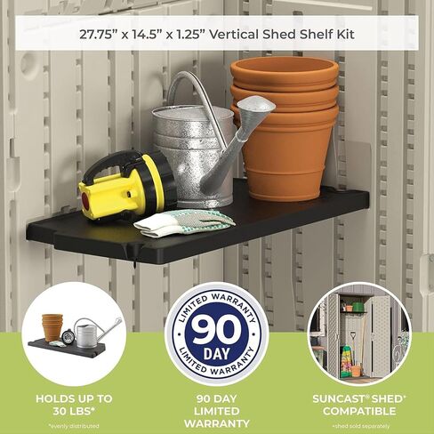 Suncast Vertical Shed Shelf Kit, Space-Saving Shelf for Vertical Outdoor Storage Sheds, 27.75" W x 14.5" D x 1.25" H, Black, Made in The USA in Kuwait