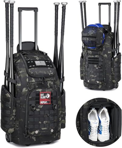 حقيبة بيسبول دوارة بعجلات، حقائب تروس لاصطياد الكرة اللينة لـ 4 مضارب، حقيبة بيسبول محمولة مع حجرة للأحذية، تحمل جميع معدات البيسبول اللينة in Kuwait