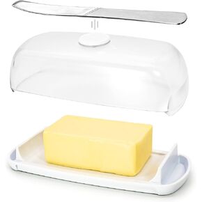 طبق زبدة بلاستيكي من باتر هب مع غطاء وسكين - هدية عيد الأم، حافظة أطباق مغطاة مع حامل سكاكين مغناطيسي، مغرفة سهلة، حاوية غطاء لا تسبب فوضى، آمنة للاستخدام في غسالة الأطباق، خالية من مادة BPA - شفافة، الولايات المتحدة العادية in Kuwait